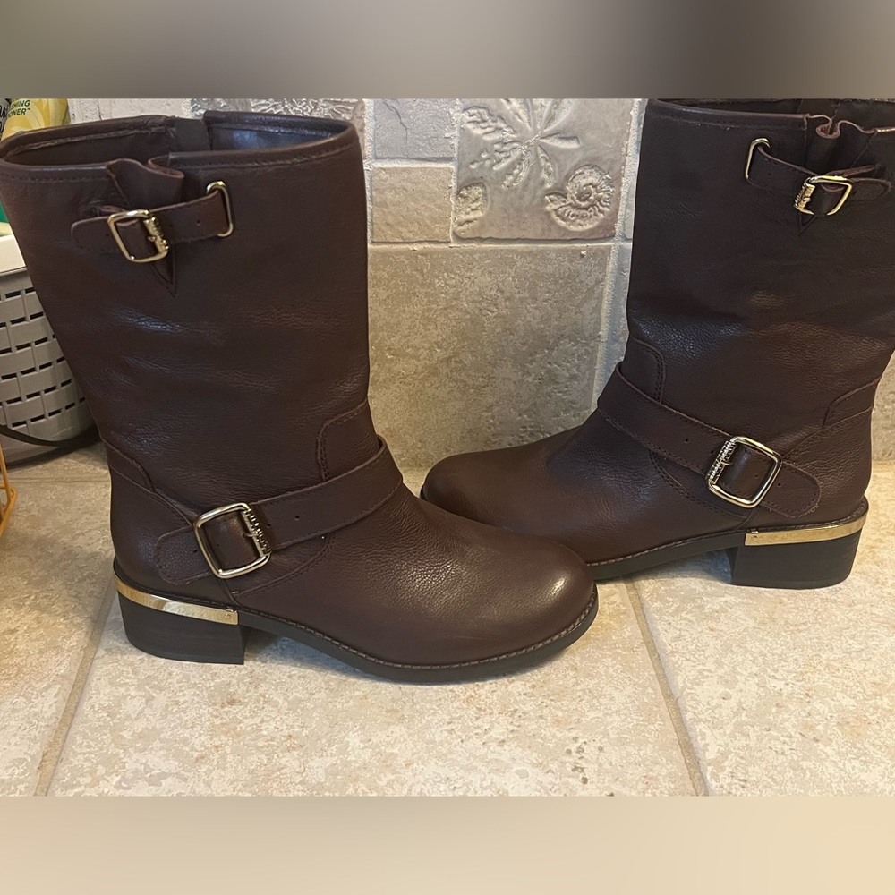 New-Vince Camuto Wendeema Women's Leather Moto Boot Mid-Calf